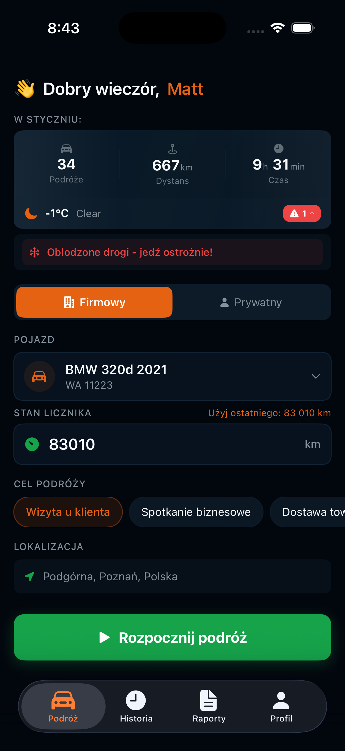Autokilometry - Aplikacja mobilna (dark)